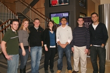 The University of Scranton students, staff and alumni were among the guests interviewed in a live radio broadcast by BBC radio that aired on Wednesday, Jan. 20, to an estimated audience of 1.5 million listeners. The University of Scranton students who participated in the live BBC radio broadcast from the DeNaples Center are, from left, Will Grogan of Mount Laurel, N.J.; Keri Taylor of Scranton; TJ Yablonski of Moscow; Rosemary Shaver of Shavertown; Shohin Hodizoda-Vance of Hershey; and Doug Jones of West Wyoming; seen here with the show’s host Richard Bacon.